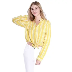 Designer fashion western style yellow striped cotton tops ladies poplin blusas casuales blouses