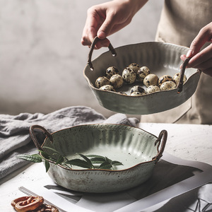Assiettes en Céramique Rétro Rustiques avec Poignées en Corde Anti-Brûlure 21cm – Bols <span class=keywords><strong>de</strong></span> Service Polyvalents Durables pour la Restauration Gourmet - Product Image 3