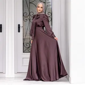 Top Middle East Turkish Solid Color Plus Size Tie Robe Dress Middle East Satin Dress Elegant Dubai Abaya High Neck Long Sleeves