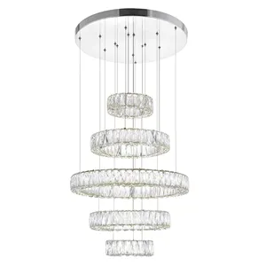 Modern Chandelier LED Crystal Pendant Lamp 5 Clear Ring Ceiling Hanging Light Flush Mount