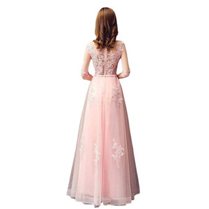 Pink A-Line Bridesmaid Dress With Lace Embroidery O-Neck Three Quarter Sleeve Long Tulle Wedding Guest Gown - Product Image 5