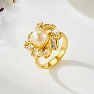 Faux Pearl Ring Flower Shape Micro Set Zircon Adjustable Index Finger Ring Gift Jewelry - Product Image 4