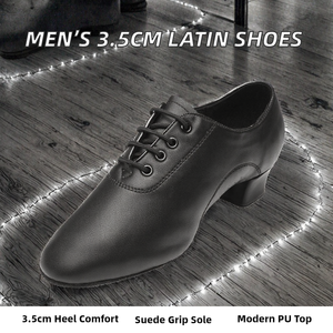 Zapatos de Baile Latino de Salón para Mujer, Negros, de Cuero Genuino, con Diseño de Cordones y Suela de Goma - Product Image 2