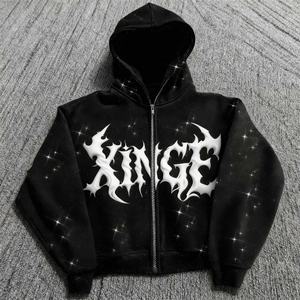 Sudadera con capucha extragrande de diseño gótico original personalizado con logo, estilo urbano, estampado de pedrería, hombros caídos, corte holgado, con cremallera para hombre - Product Image 1