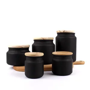 Pot de bougie en verre noir mat givré de luxe peint 3.5oz 5oz 10oz 17oz 24oz avec couvercle en bois de bambou