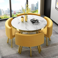 Ensemble Repas 1 Table et 4 Chaises de Luxe à Plateau Rond, Mobilier Moderne en Métal Doré pour Cafétéria et Négociations