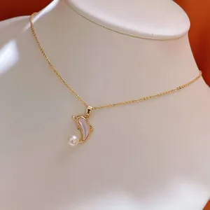 Super beautiful 18K gold plated chain shell dolphin inlaid 6-7mm fresh water pearl necklace pendant necklace