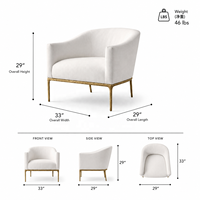 Fauteuil barillet de luxe en tissu blanc, chaise longue d'appoint moderne et courbée avec structure dorée martelée pour salon ou coiffeuse
