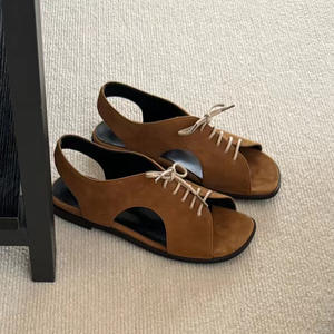 Sandalias Casuales de Verano 2026, Nuevas, de Cuero Genuino y Gamuza, con Punta Cuadrada, Cierre de Cordones, Punta Abierta, para Mujer, Sandalias de Playa - Product Image 4