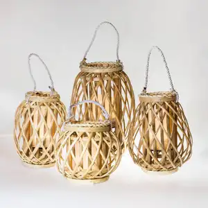 Lucky Wind Farmhouse Home Wooden Lanterns Decorative Table Lantern Bamboo Weave Lanterns