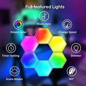クリエイティブRGBゲームデコレーションウォールランプスマートタッチUSB六角形LEDパネルライト、ブルートゥースWiFiコントロール付き