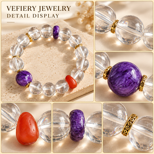 Bracelet extensible en perles rondes mélangées de quartz clair naturel, charoïte et agate rouge pour femmes, bijoux personnalisés en gros - Product Image 3