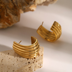 <b>Cuff</b> <b>Earrings</b> Gold Stainless Steel Ribbed Geometric Minimalist Fashion Jewelry - Product Image 3