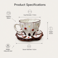 Ensemble tasse et soucoupe en céramique et porcelaine, motif à pois rétro peint à la main, bord ondulé texturé irrégulier, compatible lave-vaisselle et micro-ondes, réutilisable