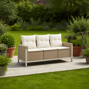 ชุดโซฟาสวนกลางแจ้ง สีเบจ หวาย PE สามที่นั่ง ดีไซน์ร่วมสมัย โครงเหล็กเคลือบสีฝุ่น เบาะโฟมความหนาแน่นสูง - Product Image 2