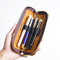 Pochette à stylos en cuir véritable avec fermeture éclair, étui à stylos en cuir de vachette, fentes élastiques pour stylos, pochette de rangement pour stylo plume, fournitures de bureau et scolaires, cadeau