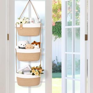 Woven <b>Basket</b> <b>Storage</b> Rack <b>Wall</b> Mounted 3 Tier Cotton Rope Organizer For Toys Books Room Decor - Product Image 3