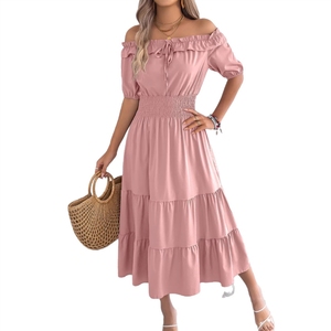 Vestido Largo Casual de Estilo Europeo y Americano para Primavera/Verano 2026, con Hombros Descubiertos, Volantes, Manga Corta, Cintura Ajustada y Plisada para <span class=keywords><strong>Mujer</strong></span> - Product Image 5