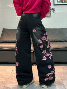 Jean déchiré pour <span class=keywords><strong>femme</strong></span> style urbain avec broderie Sakura, extensible, délavé, coupe droite, en denim, <span class=keywords><strong>pantalon</strong></span> baggy pour <span class=keywords><strong>femme</strong></span> - Product Image 5