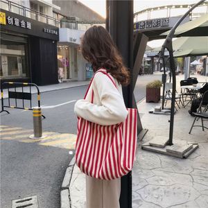 Customized Closure Fashion Canvas Lining Shoulder Large Capacity Korean Retro Striped All Seasons Street Style <b>Tote</b> <b>Bag</b> Handbag - Product Image 4