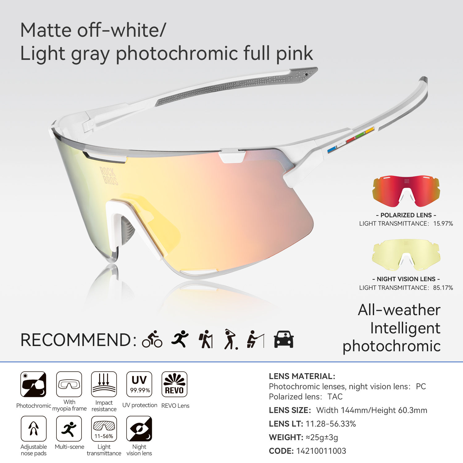 Cadre blanc crème mat/PC Gris clair photochromique rose