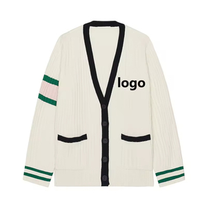 Tùy chỉnh bán buôn thiết kế logo len bông unisex Varsity Cardigan áo len sọc tay áo gân trắng collegiate Cardigan - Product Image 1