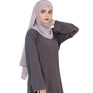 Abaya grise unie pour femme, manches longues, col rond, longueur cheville, robe modeste style Moyen-Orient, tenue quotidienne, coupe ample, polyester - Product Image 1
