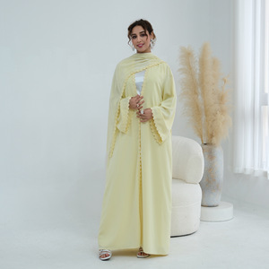 Abaya Pronta per la Spedizione in Tessuto Nida con Pizzo Floreale, Abbigliamento Islamico per Donne, Abaya Aperta, Vestito Musulmano da Donna, <span class=keywords><strong>Cardigan</strong></span> Abaya con Hijab - Product Image 4