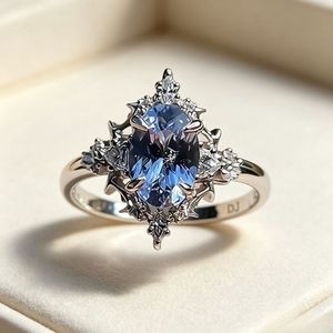 925 Sterling Silver Tanzanite <b>Ring</b> Oval Blue Violet Stone <b>Gothic</b> Star Frame Pave Fashion <b>Ring</b> - Product Image 2