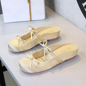 Sandalias Planas de Satén con Lazo para Mujer, Punta Redonda, Nuevas - Product Image 1