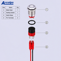 Interrupteur à bouton-poussoir momentané Arcolps 16 mm 1NO1NC avec protection IP67 et indice de puissance 2A 250V, haute visibilité