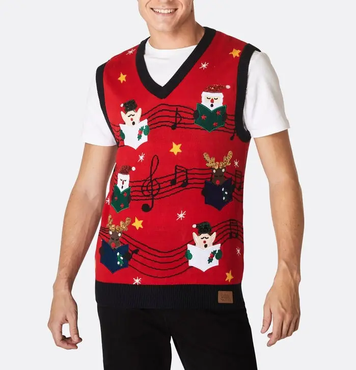 Custom High Quality Jacquard Knitted Holiday Sweater V-Neck Knitted Men's Christmas Vest