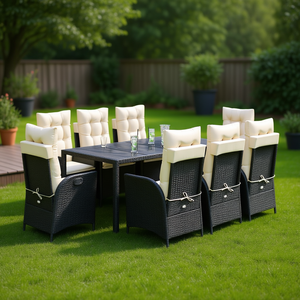 Set da pranzo da giardino in rattan bianco crema e nero, 6 posti, mobili da esterno in stile contemporaneo, resistente alle intemperie - Product Image 2