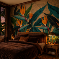 Papier peint autocollant, feuilles vertes-bleues, fleurs orange, oiseau de paradis tropical vintage, murale pour salon, chambre à coucher