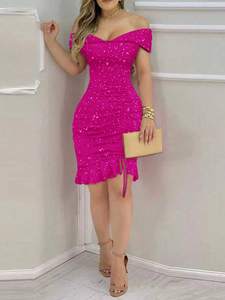 Abito Senza Maniche <span class=keywords><strong>con</strong></span> Paillettes - Vestibilità Aderente <span class=keywords><strong>con</strong></span> Pieghe - <span class=keywords><strong>Gonna</strong></span> a Tubino <span class=keywords><strong>con</strong></span> Volant - Abito da Sera Sexy e Snellente - Product Image 3