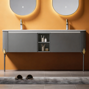 <span class=keywords><strong>Mobile</strong></span> da <span class=keywords><strong>Bagno</strong></span> Moderno con Specchio, Design a Due Ante, Gambe Robuste per Stabilità, Eleganti Accenti Dorati, Salvaspazio - Product Image 6