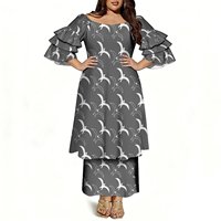 Ensemble 2 pièces pour femmes grandes tailles, haut à manches évasées à volants, jupe longue, imprimé tribal polynésien violet noir, robe Samoa Puletasi