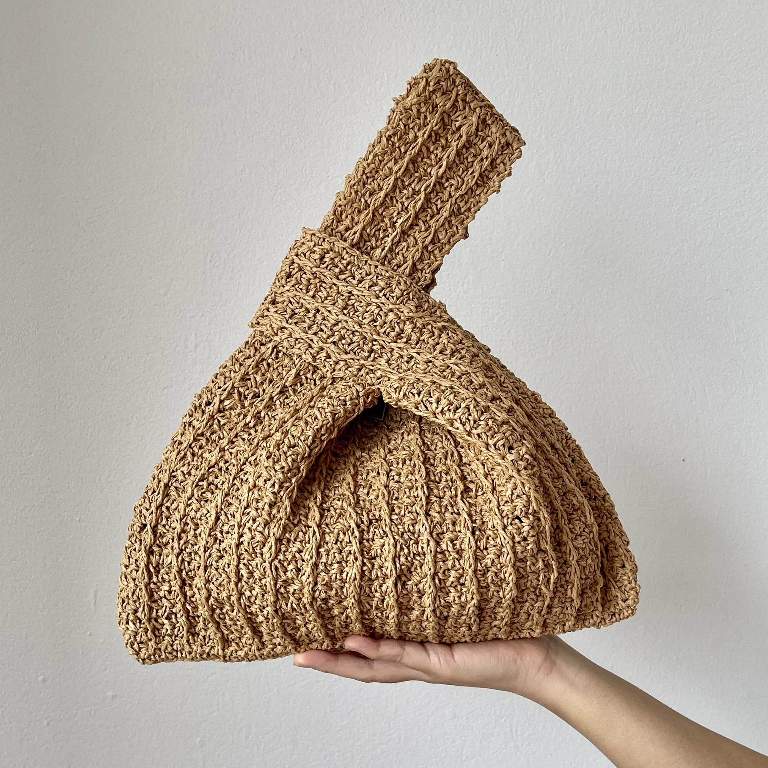 Desain Baru! Tas Tangan Wanita Modis Bahu Crochet Rafia Simpul, Tas Belanja Tote, Tas Tangan Musim Panas