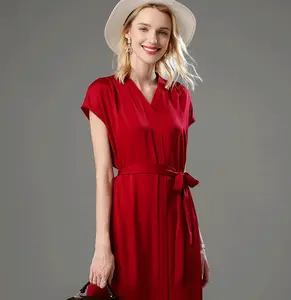 Vestido de seda de manga corta con escote en V para mujer, vestido de noche informal pesado, falda larga de seda, 100%