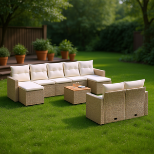 Conjunto de Sofá Modular de Jardín en Poliratán Beige con Patas Ajustables, Muebles de Exterior para 6 Personas, Diseño Contemporáneo - Product Image 2