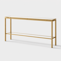 Table console de rangement haut de gamme moderne avec cadre en acier inoxydable brossé et plateau en verre transparent pour salon, salle à manger, appartement, maison