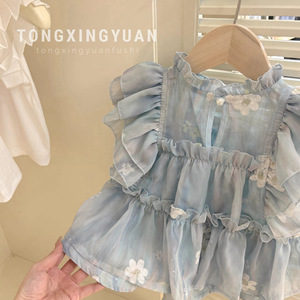 Tongxingyuan Girls' Summer Outfit Set Cotton Lace Floral <b>Top</b> Shorts Two Piece Thin Fabric Kids Clothing - Product Image 2