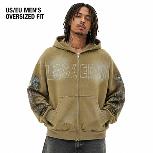 Sudadera con capucha oversize para hombre con cremallera, pedrería y diseño de vitral, estilo streetwear, efecto desgastado, de felpa francesa - Product Image 4