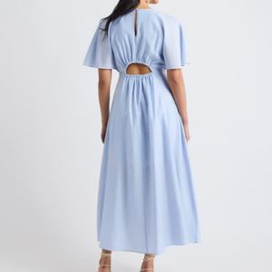 Robe longue bohème tissée, coupe décontractée évasée avec manches volantées, taille élastique, motif uni, toutes saisons - pour l'automne - Product Image 2