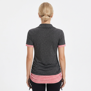 Haut décontracté tricoté à manches courtes gris et rose pour femme, col écharpe, dentelle, blocs de couleur, longueur normale, Spandex Polyester - Product Image 3