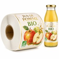 Étiquettes adhésives en vinyle personnalisées, résistantes à l'eau, imprimées en couleur, estampées à chaud avec du feuille d'or, pour les bouteilles de jus, l'emballage du miel