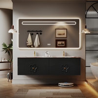 Meuble de salle de bain de luxe haut de gamme à double vasque avec lavabo en pierre frittée et miroir LED intelligent, meuble en bois de caoutchouc