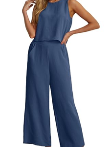 Women's Sleeveless O-Neck Crepe <b>Jumpsuit</b> Wide Leg Pants Set Solid Color Loose Fit Breathable Casual Spring Summer Wear - Product Image 2