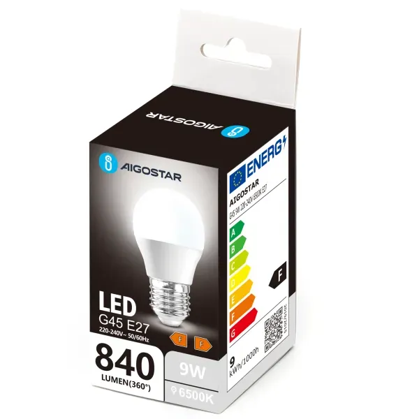 bombilla led g45 e27 9w 6500k, eficiencia energtica, luz blanca fra, ideal para iluminacin general y decoracin moderna.
