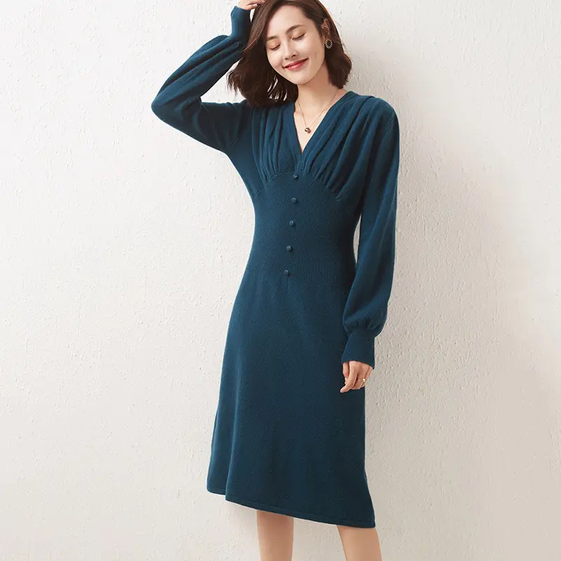New French Style V-Neck Cashmere Knitted Dress Women'S Long-Sleeved Slim Fit Long Sweater Dress
